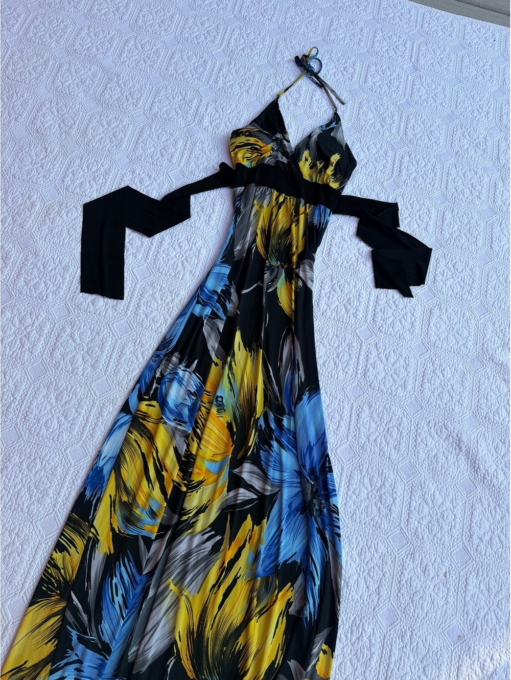 2000s Y2K Body Central Women's Floral Halter Maxi Dress with Black Waist Tie